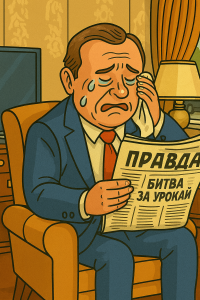 Богатый мужчина в дорогом кресле плачет над газетой «Правда» с заголовком «Битва за урожай»
