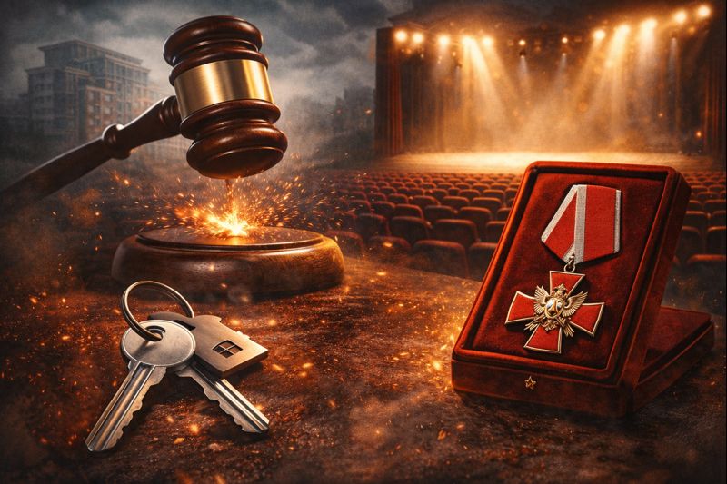 Коллаж: судейский молоток, медаль и образ публичной фигуры на фоне дома и выселения — символ репутационного скандала.