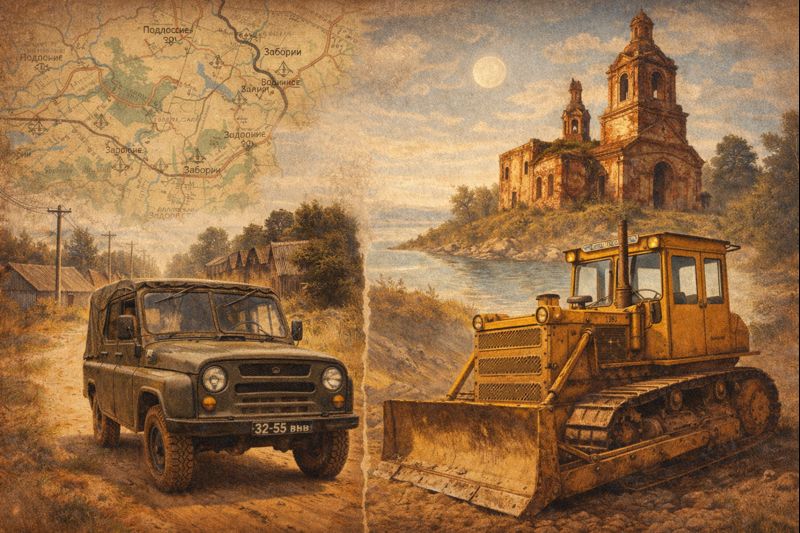 Коллаж в стиле хронивры: армейский УАЗ на деревенской дороге, карта окрестностей, силуэт заброшенной церкви и жёлтый бульдозер Т-130 — атмосфера позднесоветской службы и русской глубинки.