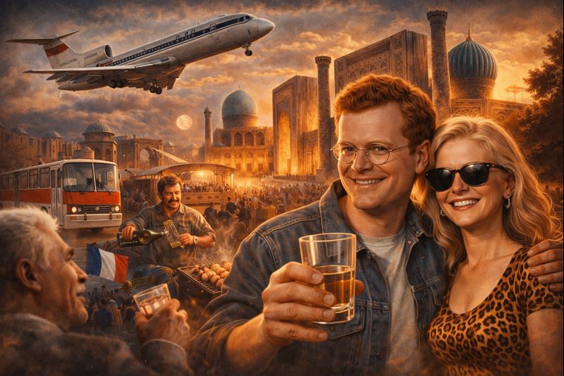 Коллаж в стиле хронивры: пара в очках на фоне Регистана, самолёт, шашлык, автобус и тёплый закат — символ приключенческого отпуска в Узбекистане времён СССР.