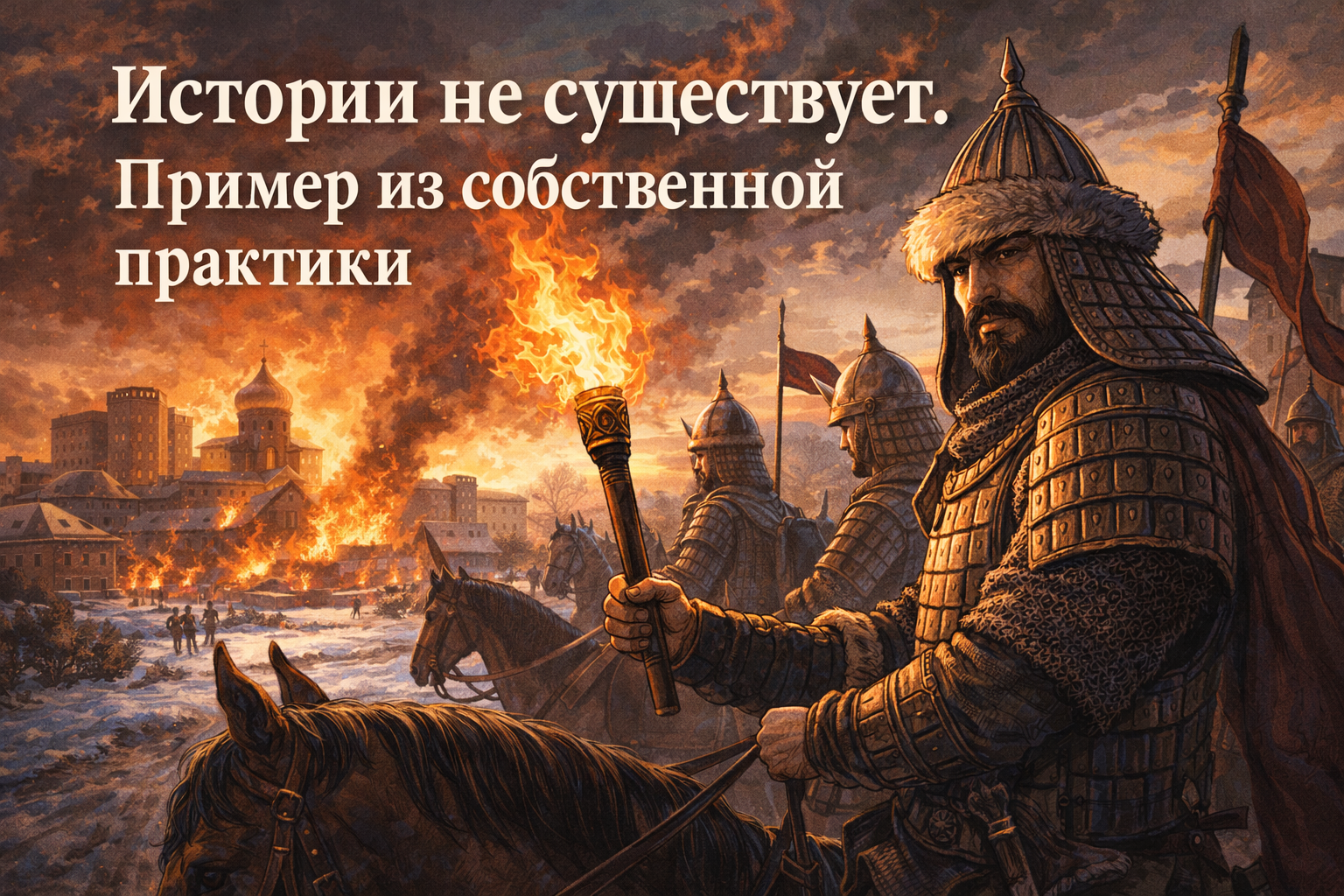 Воин на фоне сгоревшего города