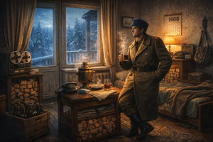 Советская армейская квартира зимой: солдат у окна, самовар, дрова для титана и снег за стеклом