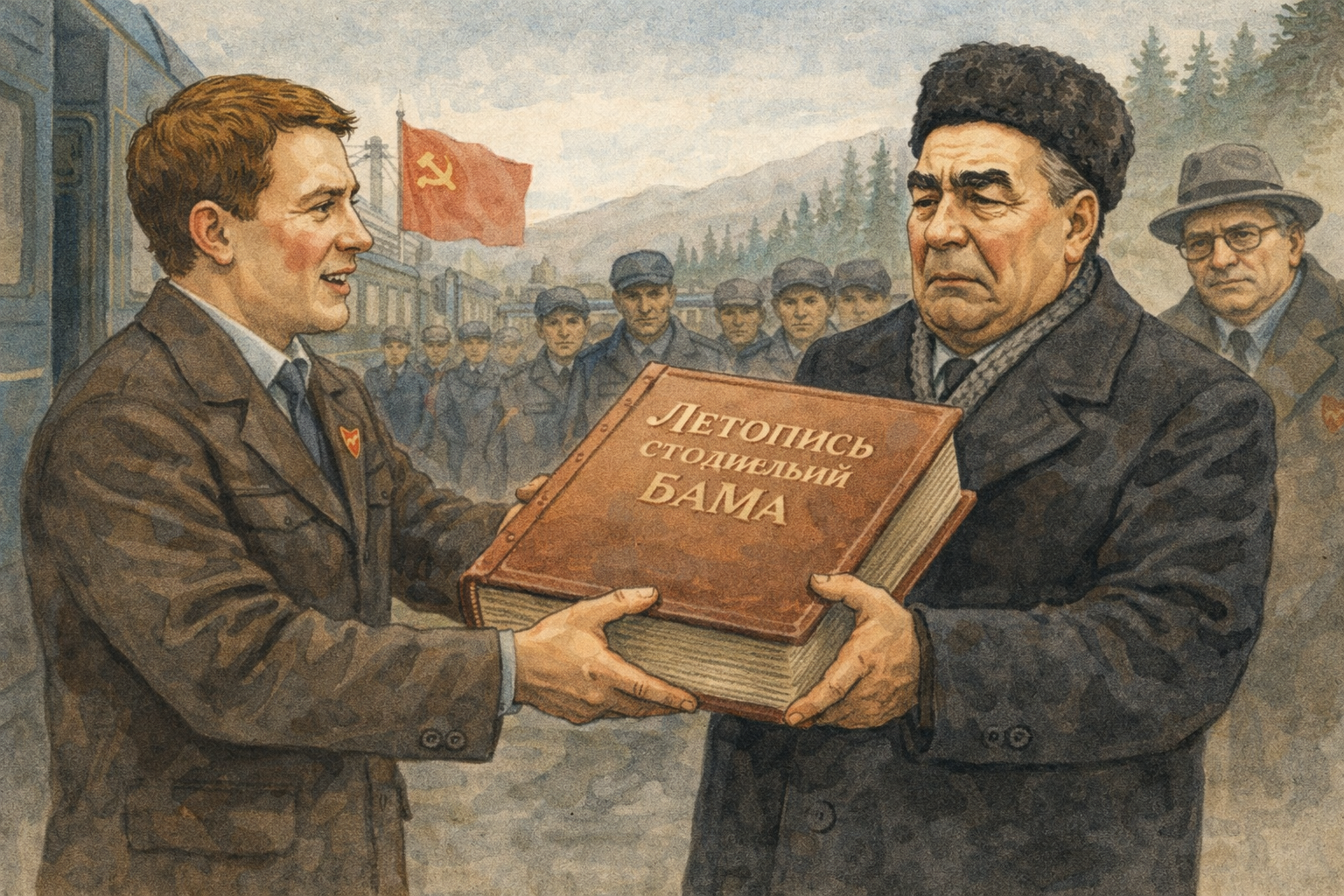ALT: Румяный комсомольский секретарь вручает тяжёлую «Летопись строителей БАМА» Леониду Ильичу на перроне во время поездки членов Политбюро по БАМу, иллюстрация в акварельном стиле.
