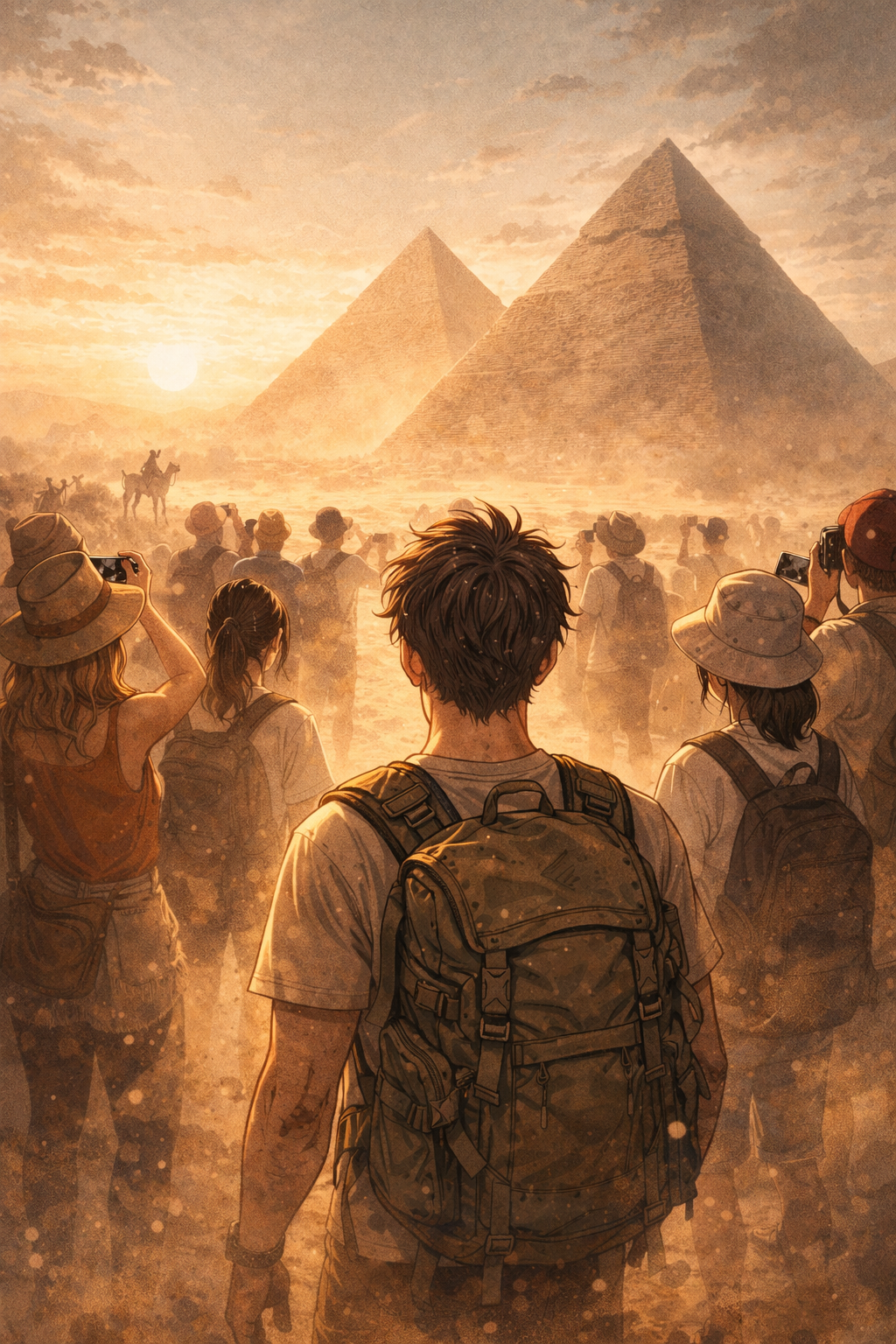 Каменный проход внутри пирамиды с ярким лучом света у выхода; пыль в воздухе и ощущение резкого облегчения.