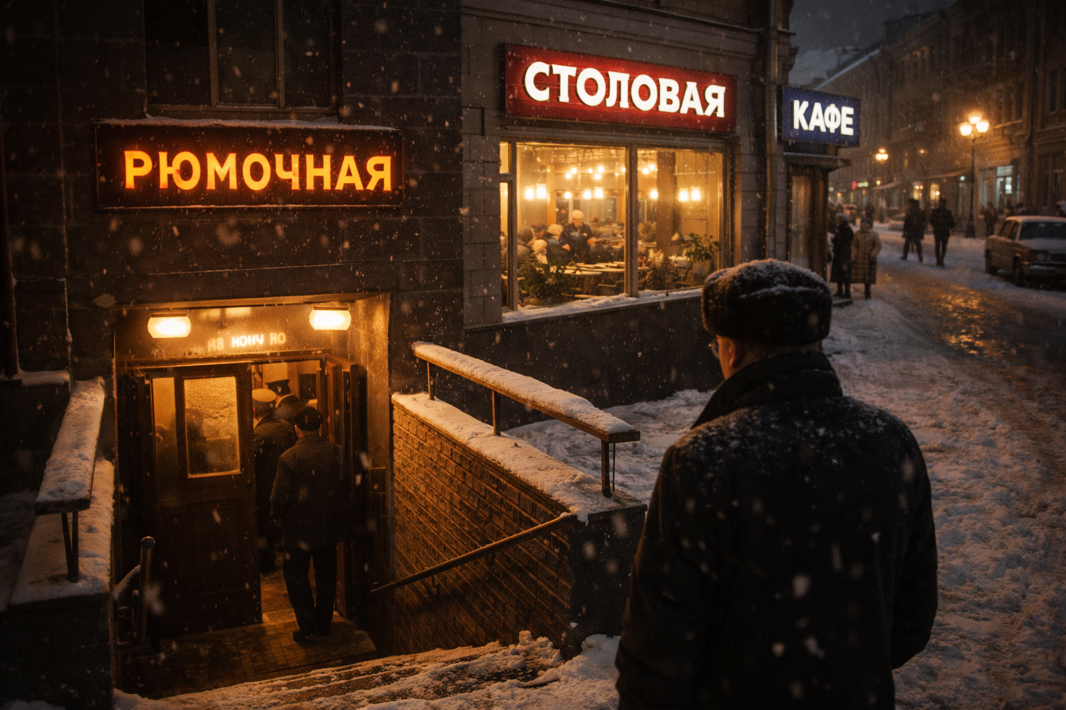 Зимняя улица 1970-х: вход в подвальную рюмочную рядом со столовой и кафе