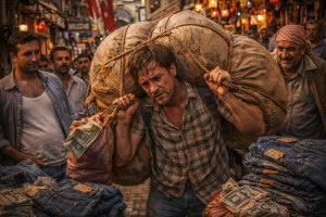 Челночник 1990-х в стамбульском квартале несёт на плечах тяжёлые мешки с товаром, вокруг лавки с джинсой и восточный базар.