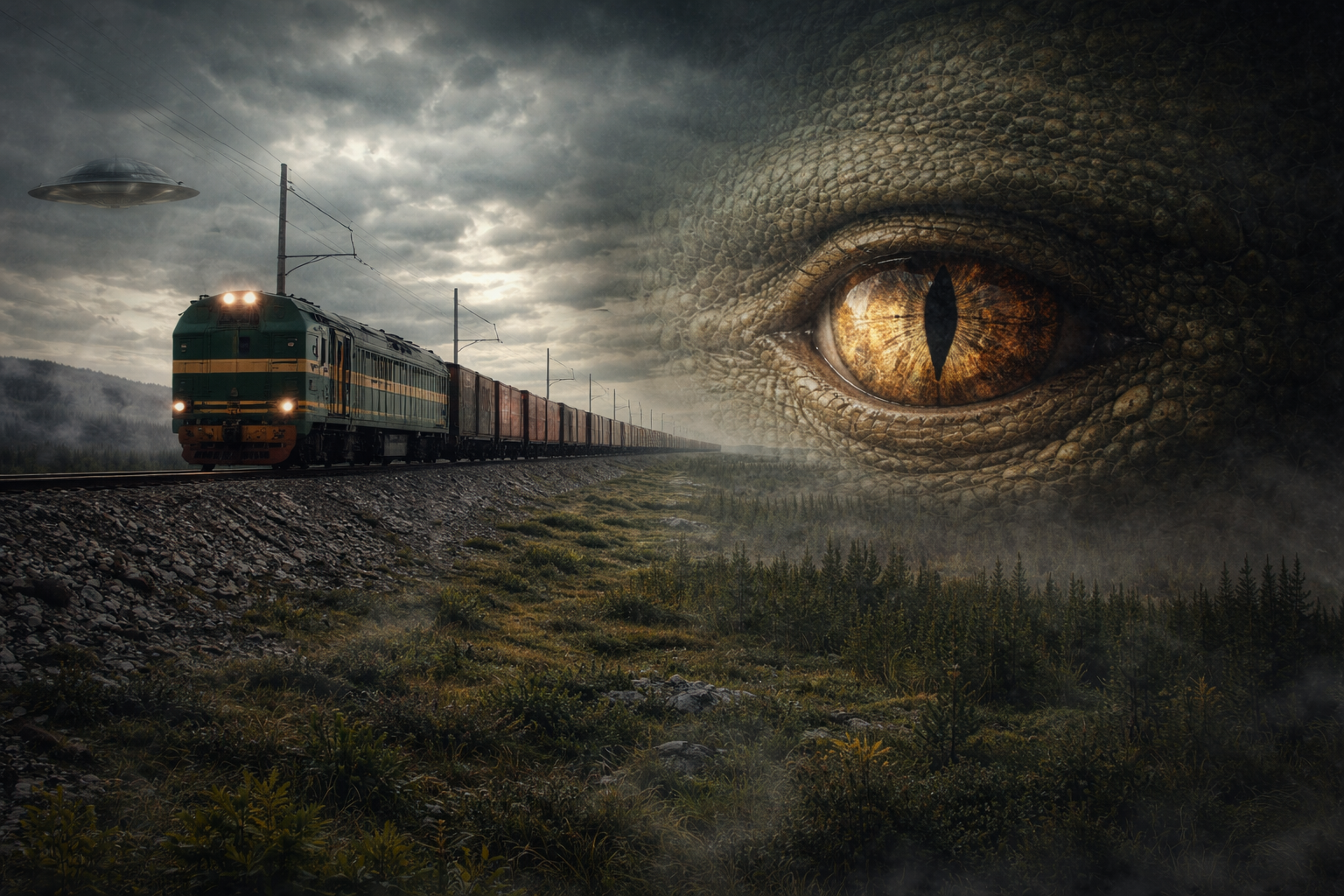 Транссиб. Поезд на фоне мистичекого глаза