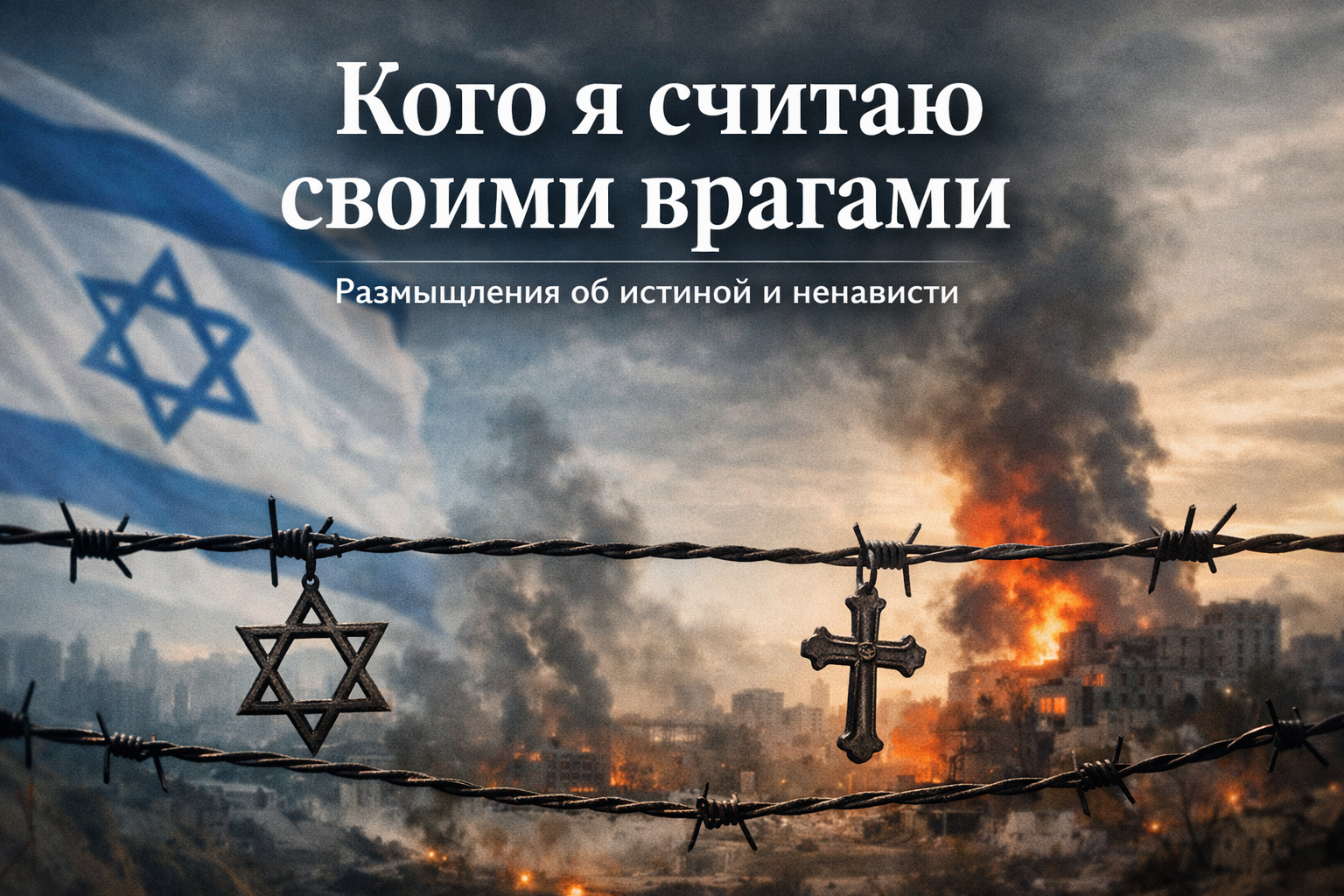 Колючая проволока, звезда Давида и крест на фоне дыма и огня — символы веры и границ ненависти