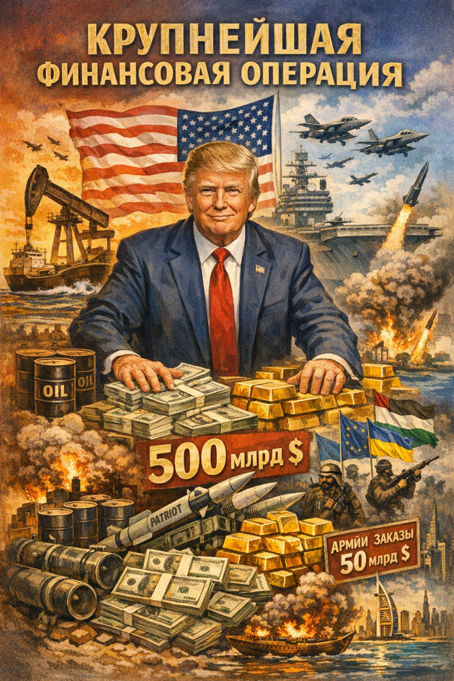 Иллюстрация к статье о войне, нефти, прибыли США и геополитическом конфликте вокруг Ирана