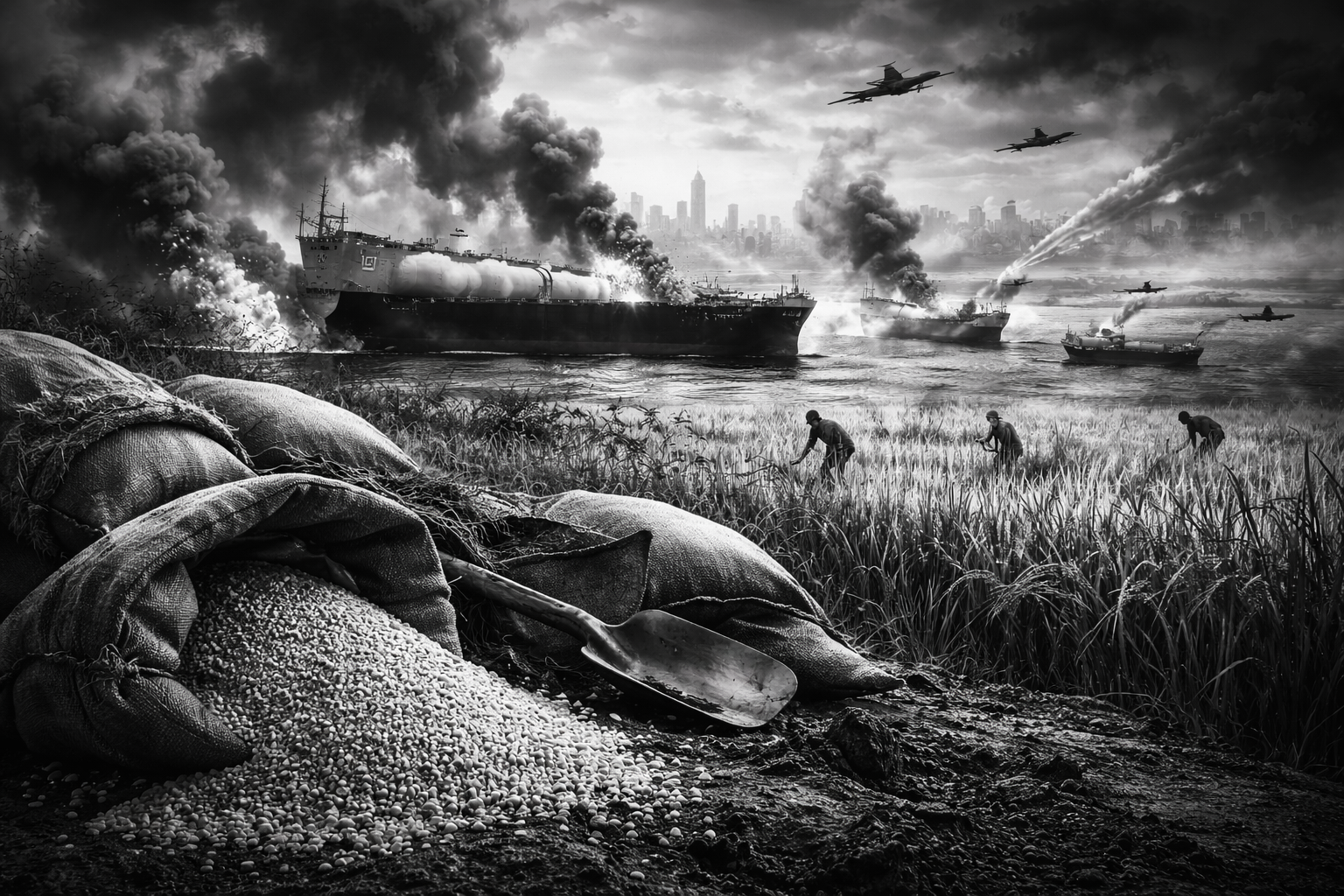 Чёрно-белая композиция о кризисе вокруг Ормузского пролива: мешки с удобрениями на переднем плане, суда в дыму на море и поля как символ угрозы продовольственным поставкам