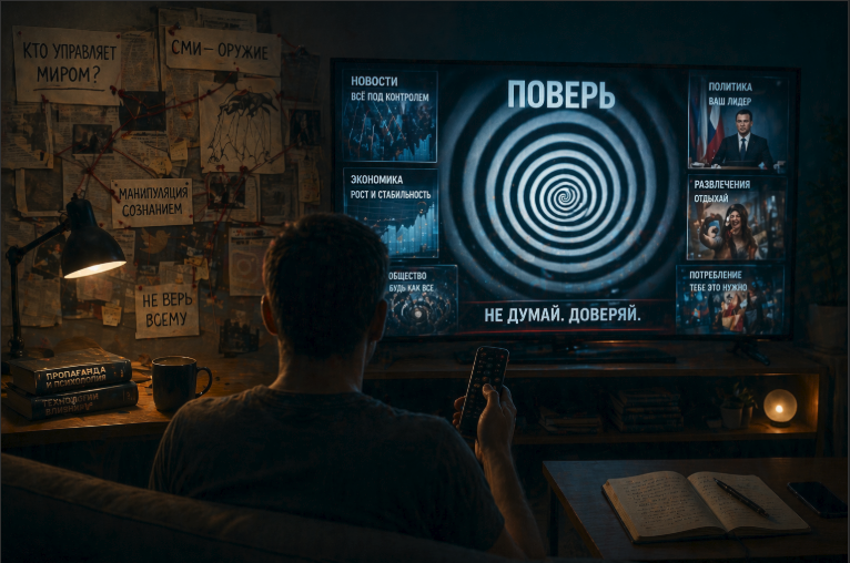 Человек перед экраном с новостями и цифровыми потоками информации как символ манипуляции сознанием и контроля через медиа