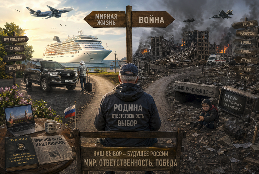 Выбор между мирной жизнью и настоящей войной: человек на развилке между спокойной повседневностью и разрушенным городом