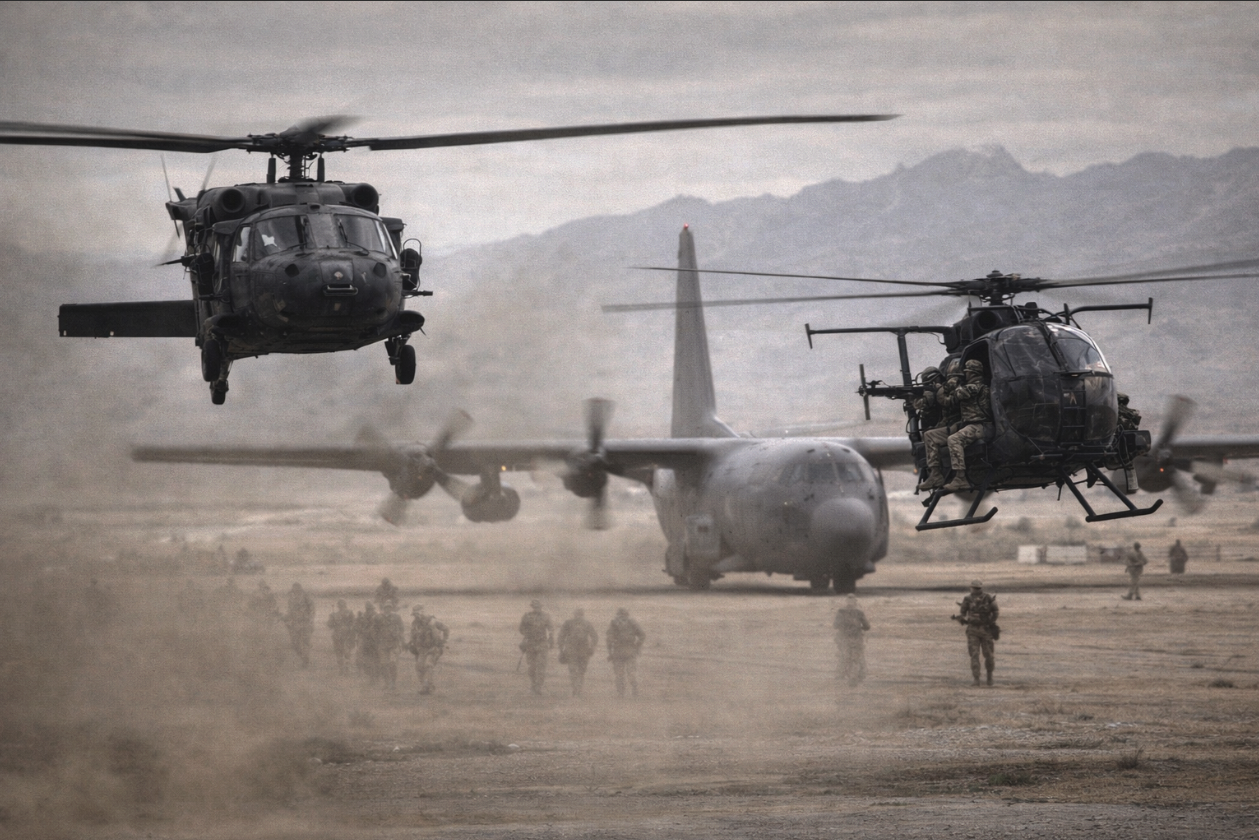 Высадка десанта на аэродроме — вертолёты и C-130 на фоне пустынного пейзажа