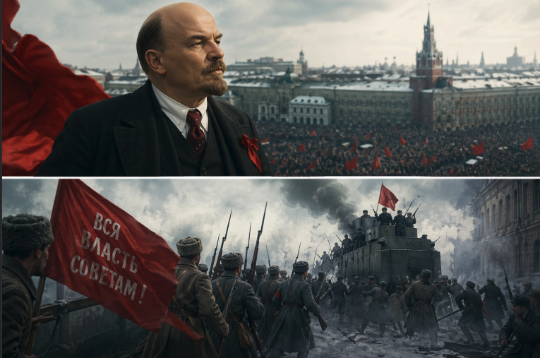 Владимир Ленин выступает перед толпой в революционном Петрограде на фоне событий 1917 года