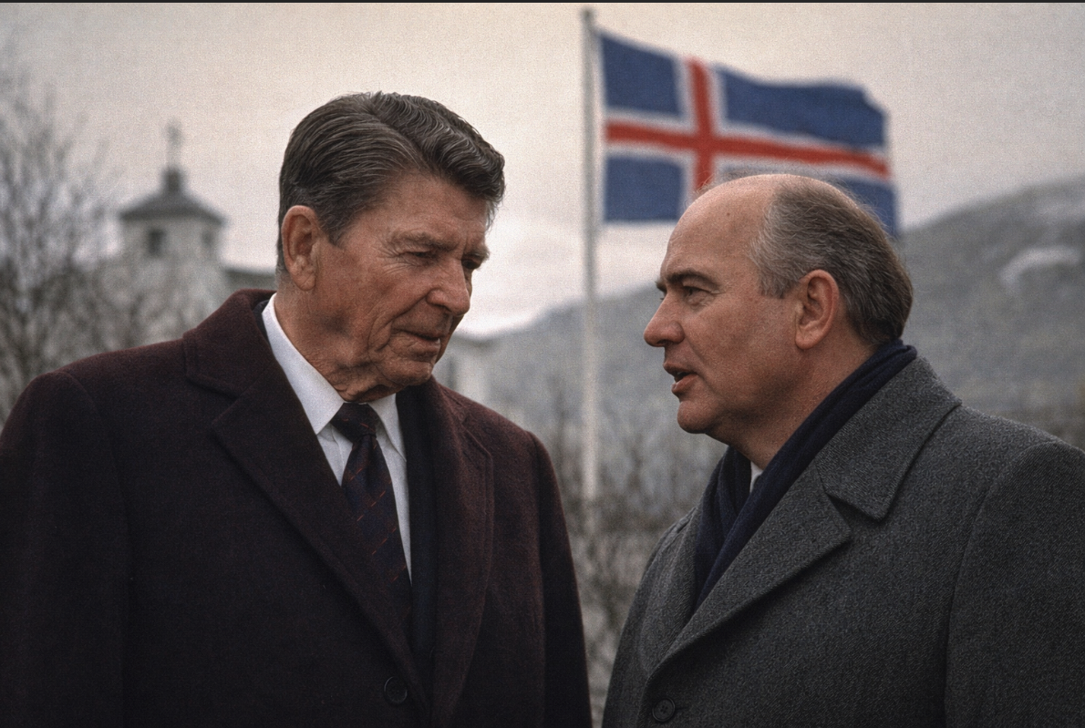Рейган и Горбачёв в Рейкьявике на фоне исландского флага и серого неба