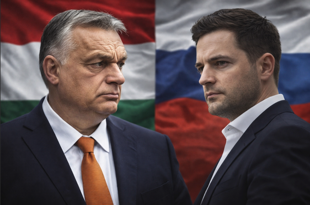 Виктор Орбан и Пётр Мадьяр на фоне флагов — напряжённый момент политической смены в Венгрии