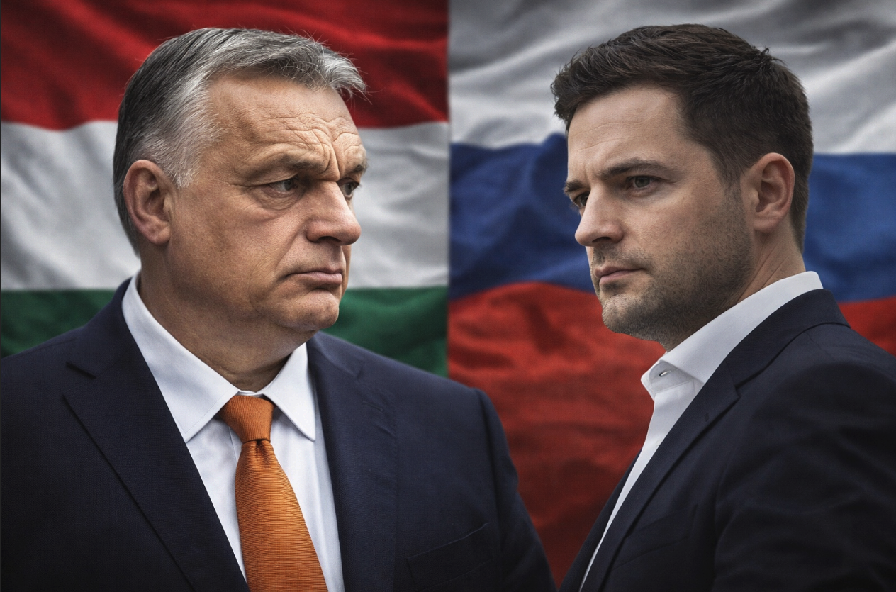 Виктор Орбан и Пётр Мадьяр на фоне флагов — напряжённый момент политической смены в Венгрии