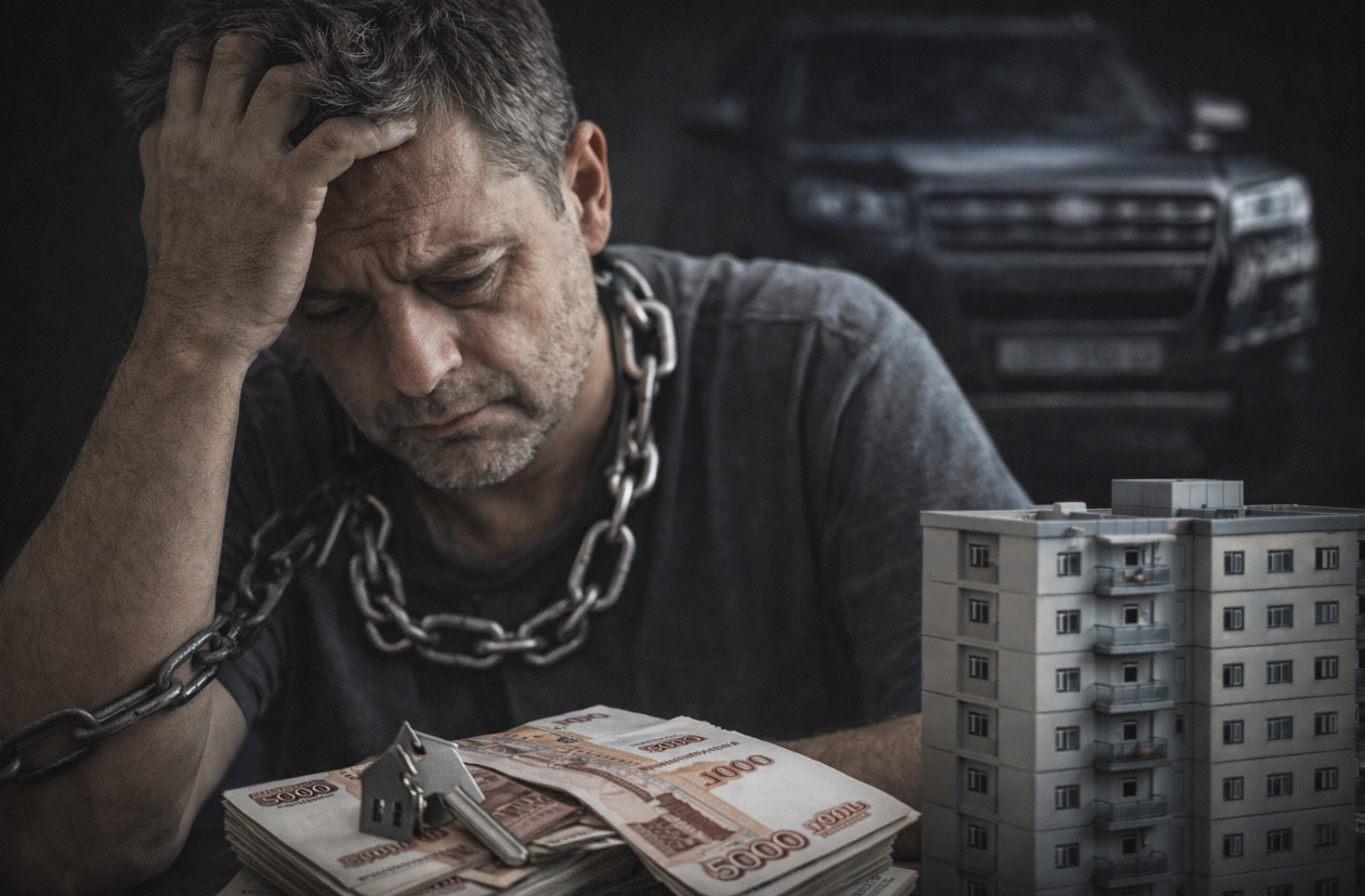 Уставший мужчина с деньгами и макетом квартиры на столе, с цепью на шее и силуэтом джипа на фоне — последствия неудачного жизненного выбора