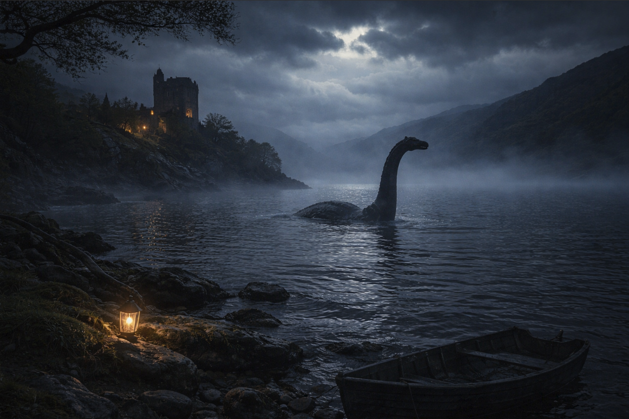 Озеро Лох-Несс в тумане с силуэтом чудовища у замка Уркухарт