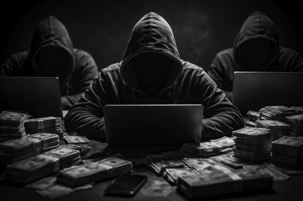 Чёрно-белая сцена: три фигуры в капюшонах работают за ноутбуками, вокруг лежат пачки денег — символ теневых финансовых потоков и мошеннических схем