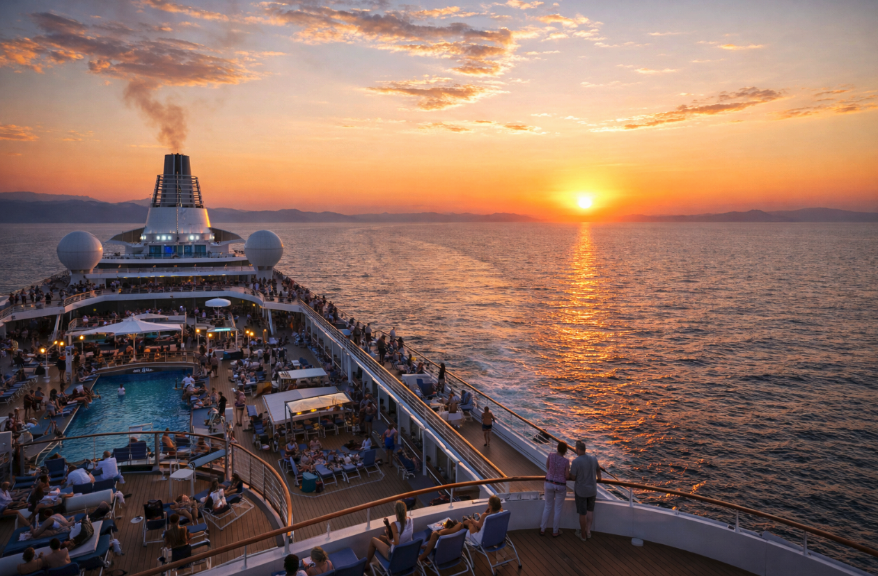 Панорама круизного лайнера в море с палубой, где отдыхают пассажиры, и тёплым закатом на горизонте
