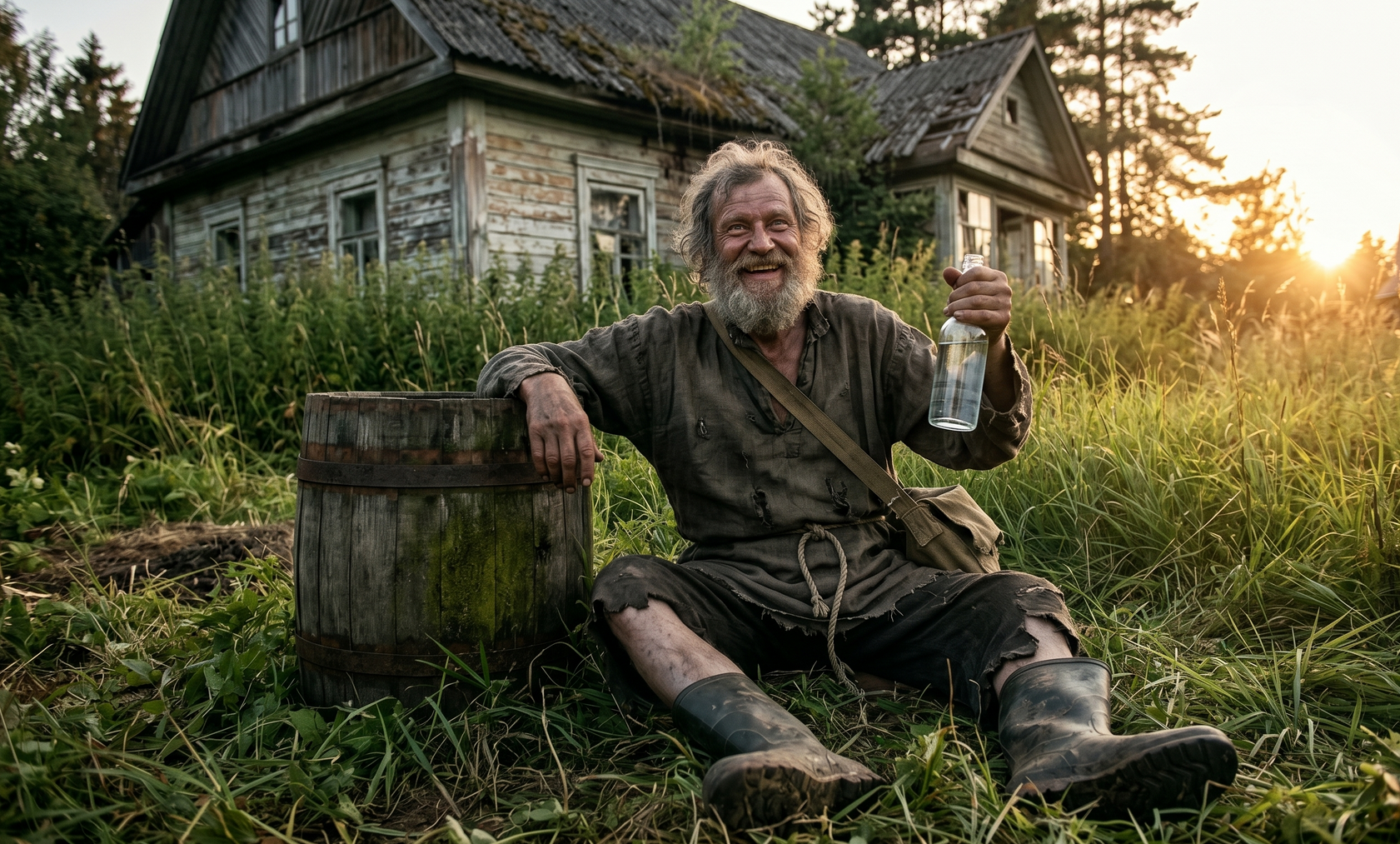 Люмпен в рубище возле дома