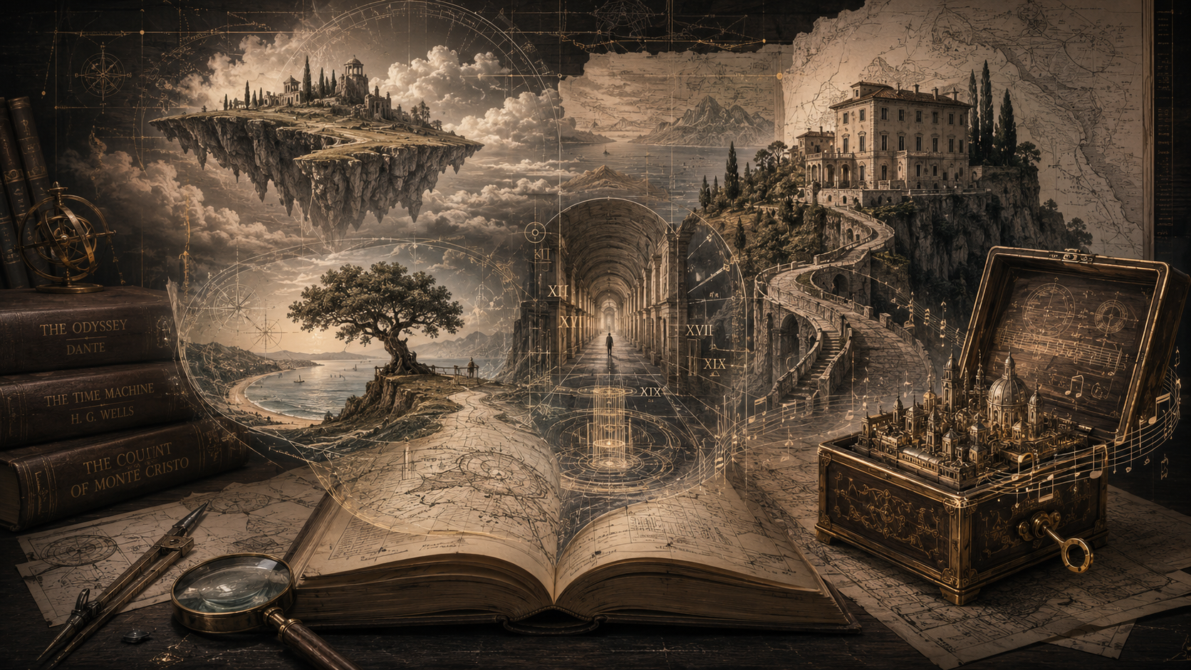 Открытая книга, из которой поднимаются карты и схемы воображаемых миров EpicWorld