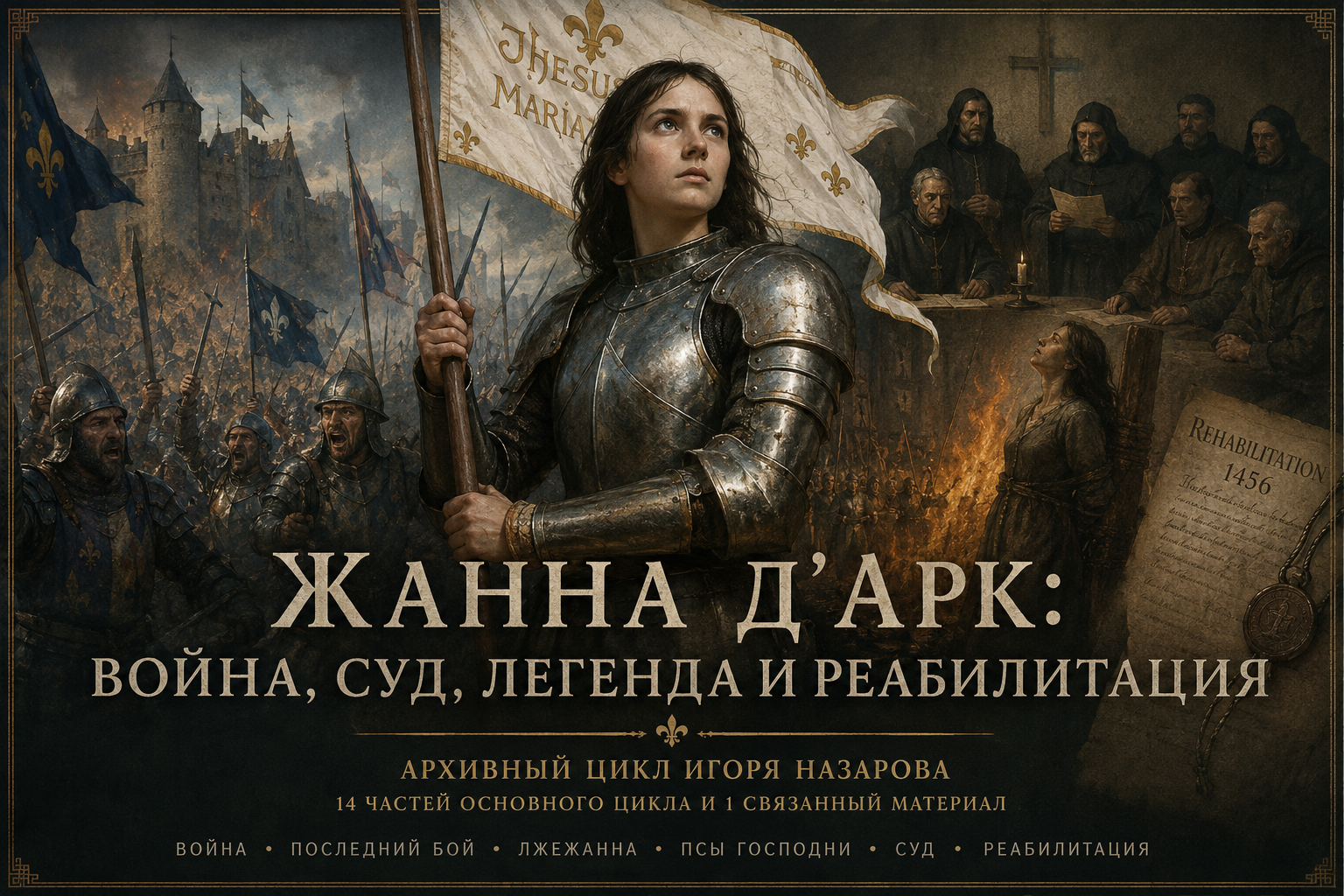 Историческая обложка цикла Игоря Назарова о Жанне Д’Арк, войне, суде, легенде и реабилитации