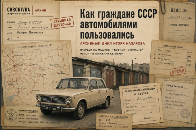 Архивная обложка цикла Игоря Назарова о личном автомобиле в СССР, очередях, дефиците и гаражной культуре