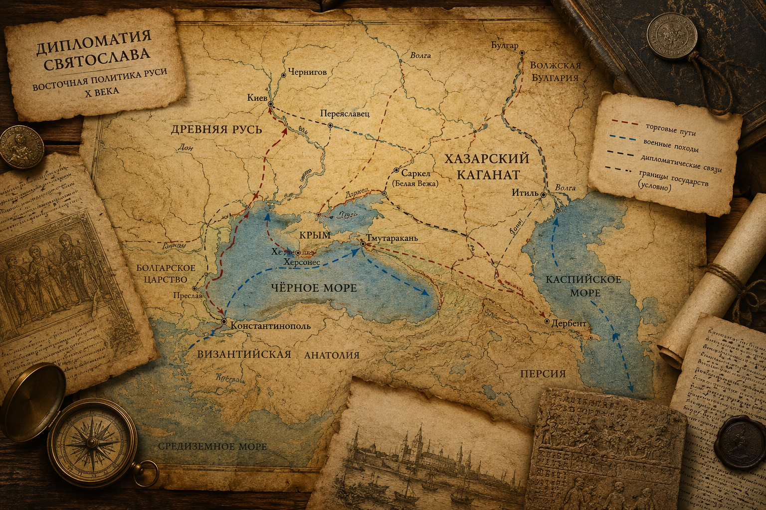 Историческая карта восточной политики князя Святослава, Хазарии, Крыма, Византии и торговых маршрутов X века